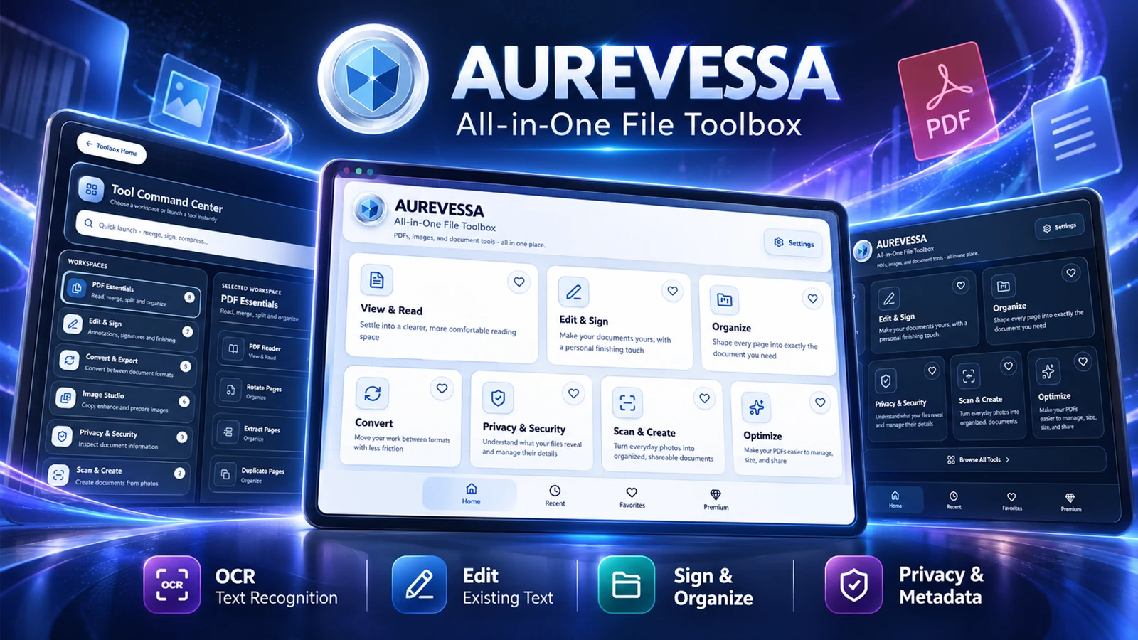 Aurevessa product artwork showing its file toolbox and editing, OCR, signing and privacy categories