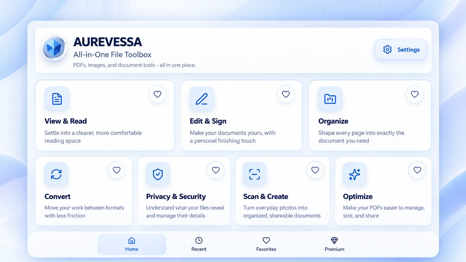 Aurevessa application home showing its document tool categories